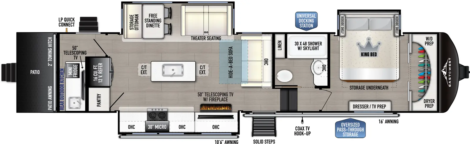 The Blackthorn 3400R-OK floorplan has two entries and two slide outs. Exterior features include: fiberglass exterior and 10'6" & 16' awning. Interiors features include: kitchen island, free-standing dinette option and front bedroom.